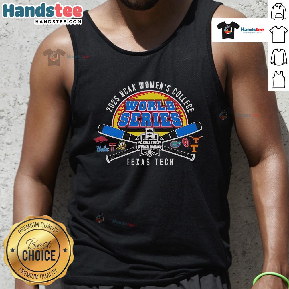 Official Texas Tech 2025 Softball College World Series cross bats tank top featuring team colors and logo design.