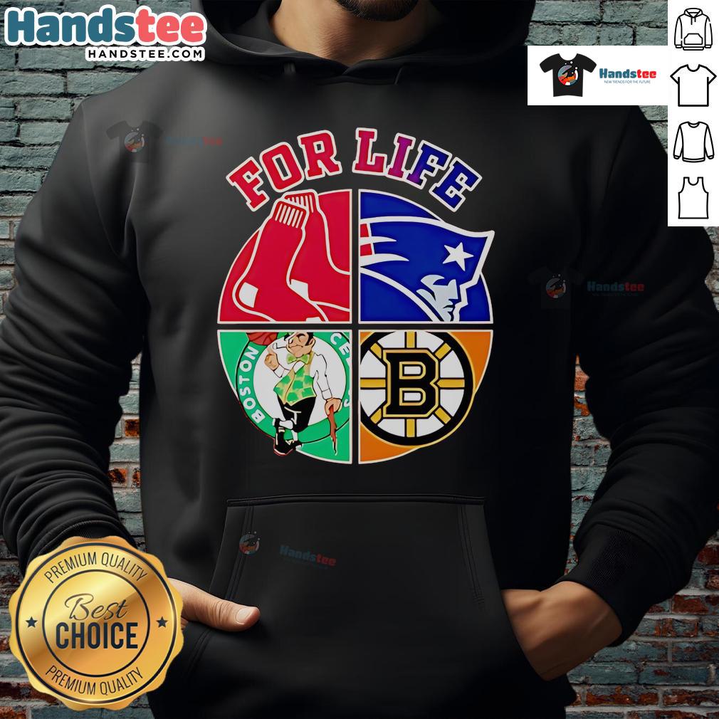 Awesome Boston Red Sox Patriots Celtics Bruins For Life Hoodie showcasing team logos and vibrant colors.