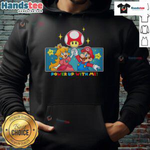 Awesome Power Up With Me Mario Princess Peach Hoodie featuring vibrant graphics of Mario and Peach in a fun design.