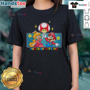 Alt Text: Awesome Power Up With Me Mario Princess Peach Ladies Tee featuring vibrant graphics and a stylish design.