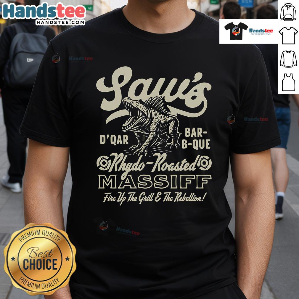 Awesome Saw's BBQ Rhydo Roasted Massiff T-Shirt featuring a bold graphic design and vibrant colors for BBQ lovers.