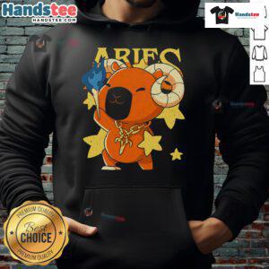 Adorable cute capybara Aries hoodie design featuring a playful capybara with Aries zodiac symbols.