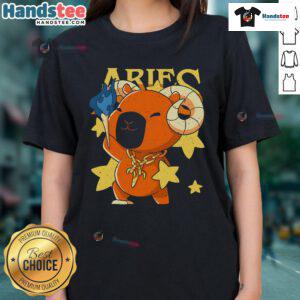 Alt Text: Cute capybara Aries ladies tee featuring a whimsical capybara design, perfect for zodiac lovers and animal enthusiasts.