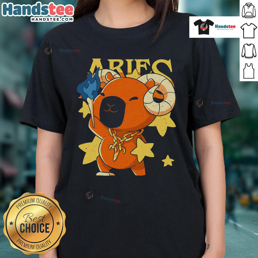 Alt Text: Cute capybara Aries ladies tee featuring a whimsical capybara design, perfect for zodiac lovers and animal enthusiasts.