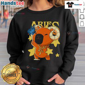 Alt Text: Adorable capybara graphic on a cozy Aries sweatshirt, perfect for astrology lovers and animal enthusiasts.