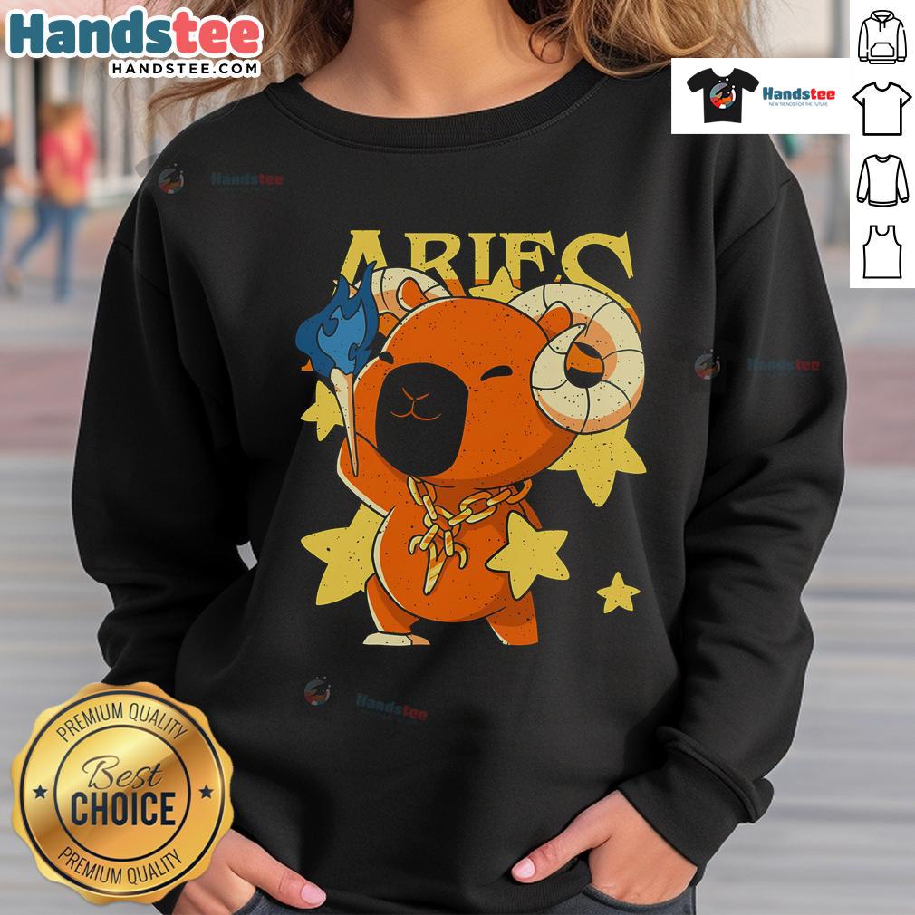 Alt Text: Adorable capybara graphic on a cozy Aries sweatshirt, perfect for astrology lovers and animal enthusiasts.