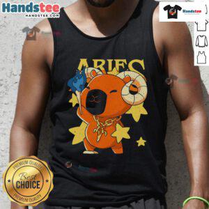 Adorable capybara graphic on an Aries tank top, perfect for astrology lovers and animal enthusiasts.