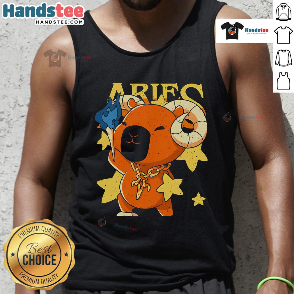 Adorable capybara graphic on an Aries tank top, perfect for astrology lovers and animal enthusiasts.