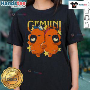 Cute capybara Gemini ladies tee featuring a playful capybara design, perfect for astrology fans and animal lovers.