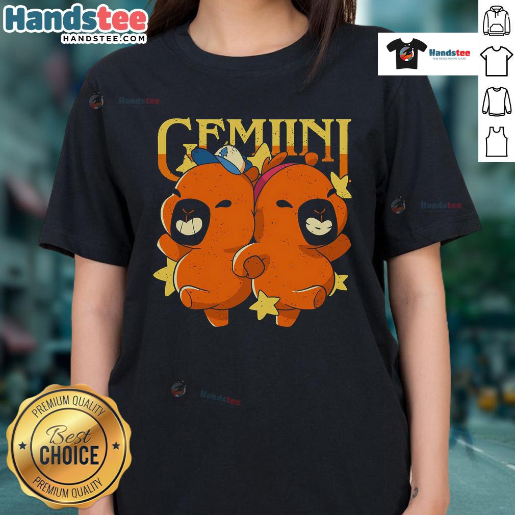 Cute capybara Gemini ladies tee featuring a playful capybara design, perfect for astrology fans and animal lovers.