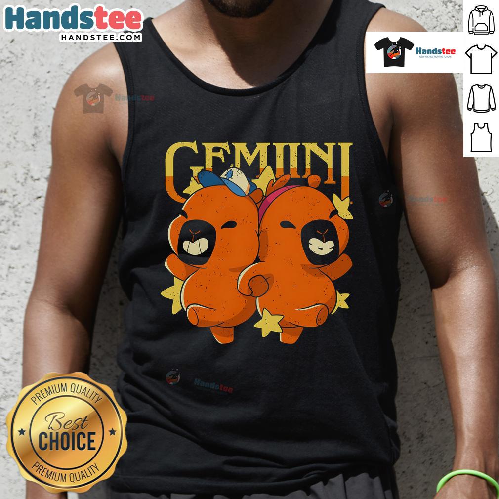 Alt Text: Adorable capybara graphic on a Gemini tank top, perfect for animal lovers and astrology enthusiasts.