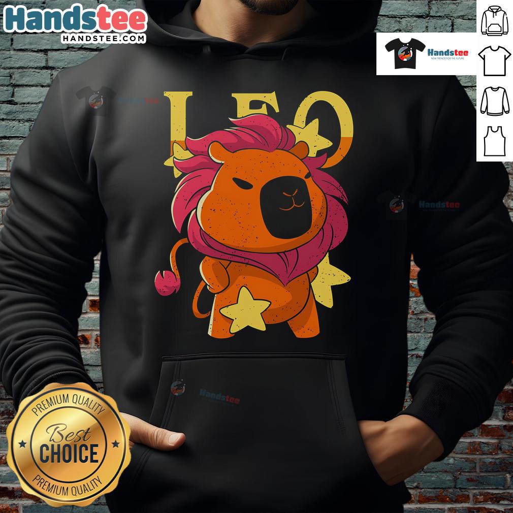 Adorable capybara wearing a cozy Leo hoodie, perfect for pet lovers and cute animal apparel enthusiasts.