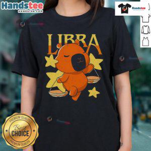 Alt Text: Cute capybara graphic on a Libra ladies' tee, perfect for astrology lovers and animal enthusiasts.