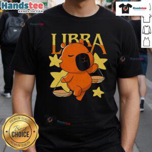 Alt Text: Adorable capybara graphic on a Libra t-shirt, perfect for animal lovers and astrology enthusiasts.