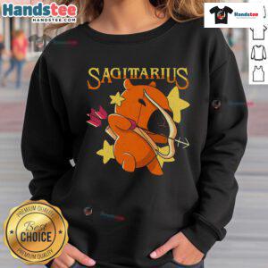 Alt Text: Adorable capybara wearing a Sagittarius-themed sweatshirt, perfect for zodiac lovers and animal enthusiasts.