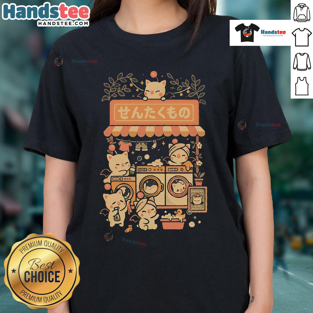 Cute fantasy laundry cats design on a ladies tee, perfect for cat lovers and whimsical fashion enthusiasts.