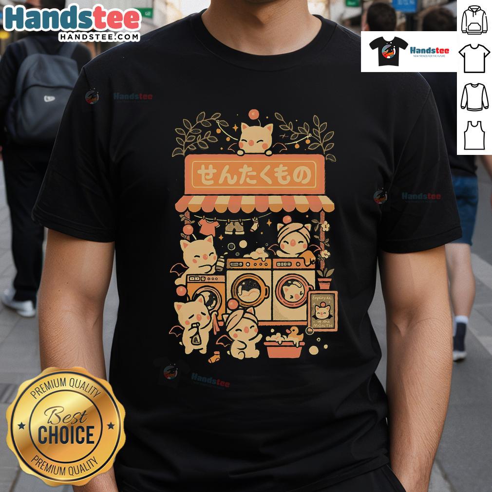 Cute Fantasy Laundry Cats T-Shirt featuring playful cats surrounded by laundry items in a whimsical design. Perfect for cat lovers!