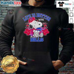 Alt Text: Cute Snoopy hoodie with Life Is Better With Bills slogan, perfect for fans of Peanuts and cozy fashion.