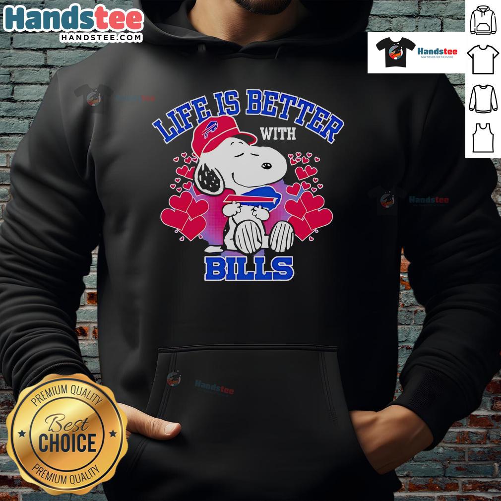 Alt Text: Cute Snoopy hoodie with Life Is Better With Bills slogan, perfect for fans of Peanuts and cozy fashion.