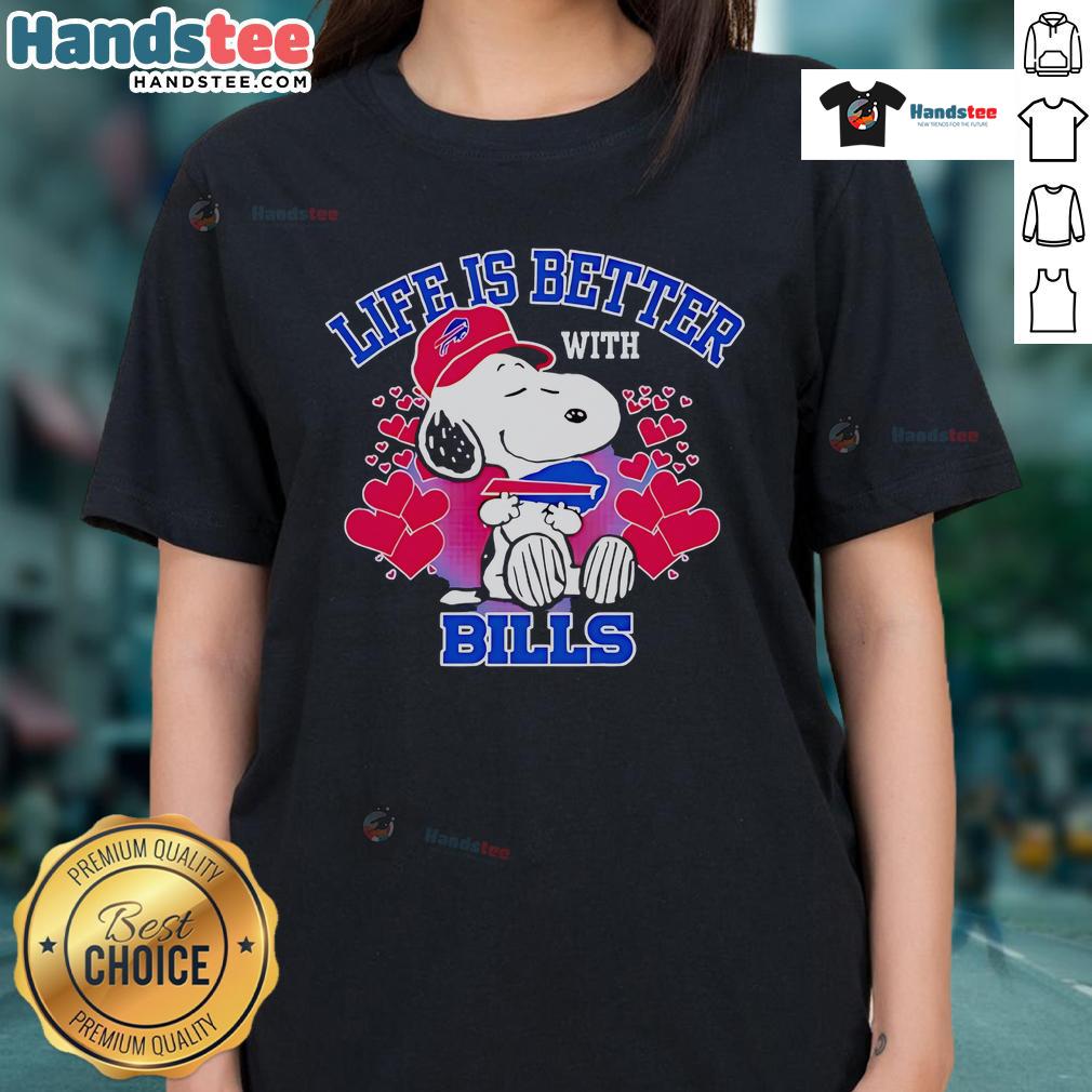 Cute Snoopy Life Is Better With Bills ladies tee featuring a playful Snoopy graphic on a stylish shirt.