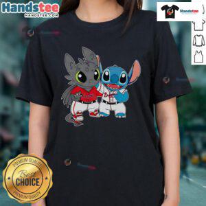 Cute Toothless Night Fury and Stitch Atlanta Braves baseball ladies tee featuring vibrant graphics and comfortable fit.