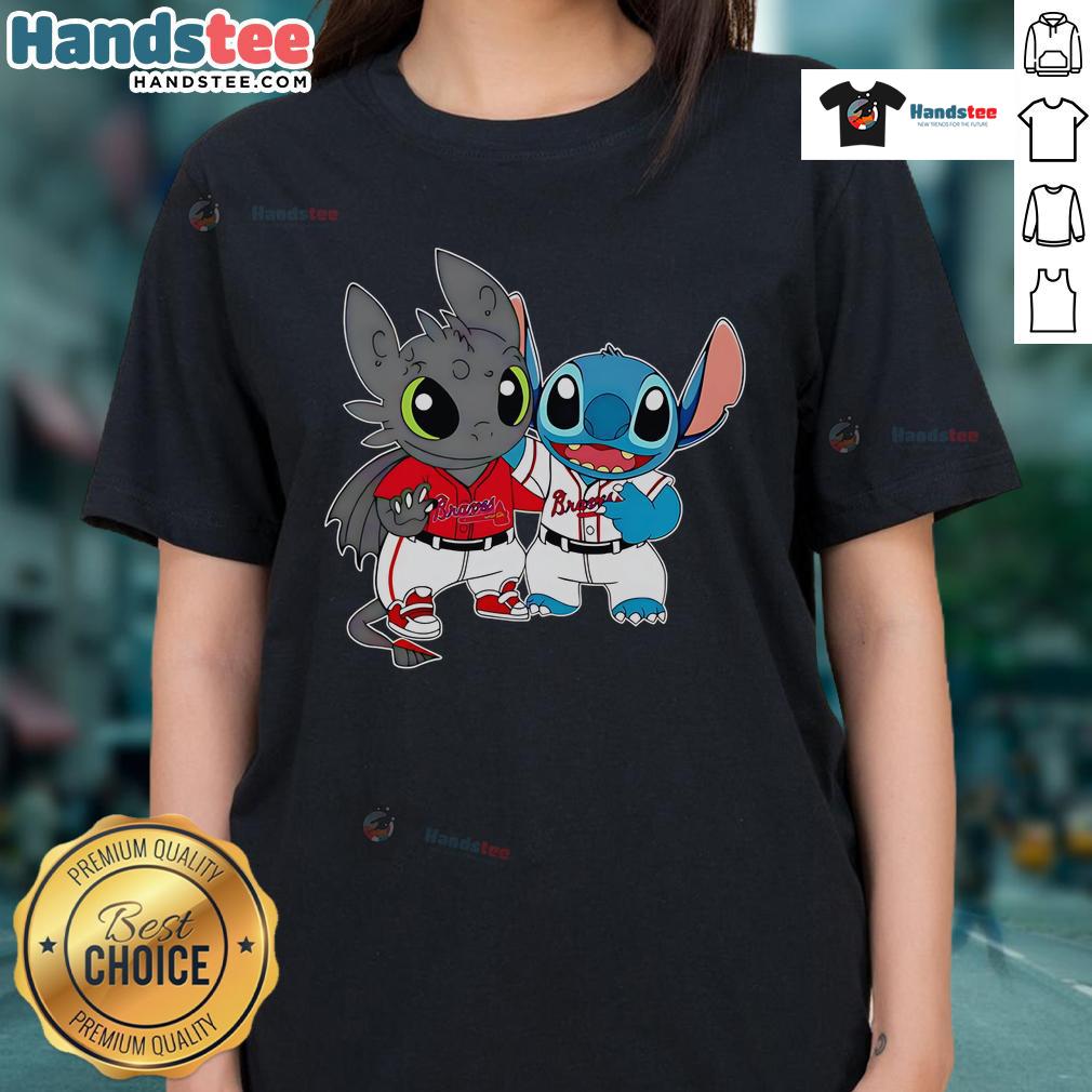 Cute Toothless Night Fury and Stitch Atlanta Braves baseball ladies tee featuring vibrant graphics and comfortable fit.