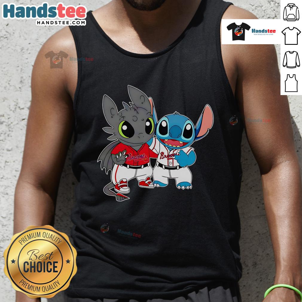 Cute Toothless Night Fury and Stitch on Atlanta Braves baseball tank top for fans of animated characters and sports.