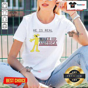 Funny Graggle Gregory Simpson graphic tee for ladies, featuring 'He Is Real, Wake Up America' design in vibrant colors.