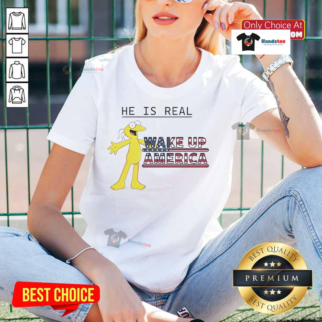 Funny Graggle Gregory Simpson graphic tee for ladies, featuring 'He Is Real, Wake Up America' design in vibrant colors.