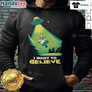 Alt Text: Homer Simpson in a UFO-themed hoodie with 'I Want To Believe' text, perfect for fans of funny apparel and pop culture.