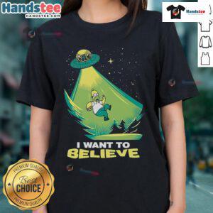 Alt Text: Funny I Want to Believe Homer Simpson UFO Ladies Tee featuring Homer looking at a UFO in a humorous design.