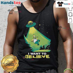Funny I Want To Believe Homer Simpson UFO Tank Top featuring a humorous design of Homer with a UFO backdrop.