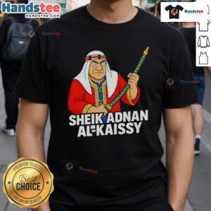 Funny Sheik Adnan Al-Kaissy cartoon T-shirt featuring a humorous illustration of the iconic wrestler in vibrant colors.