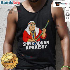 Alt Text: Funny Sheik Adnan Al Kaissy cartoon tank top featuring a humorous design of the wrestling legend.