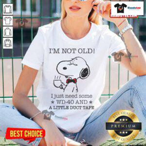 Funny Snoopy graphic tee for ladies with 'I'm not old, I just need WD-40 and duct tape' quote.
