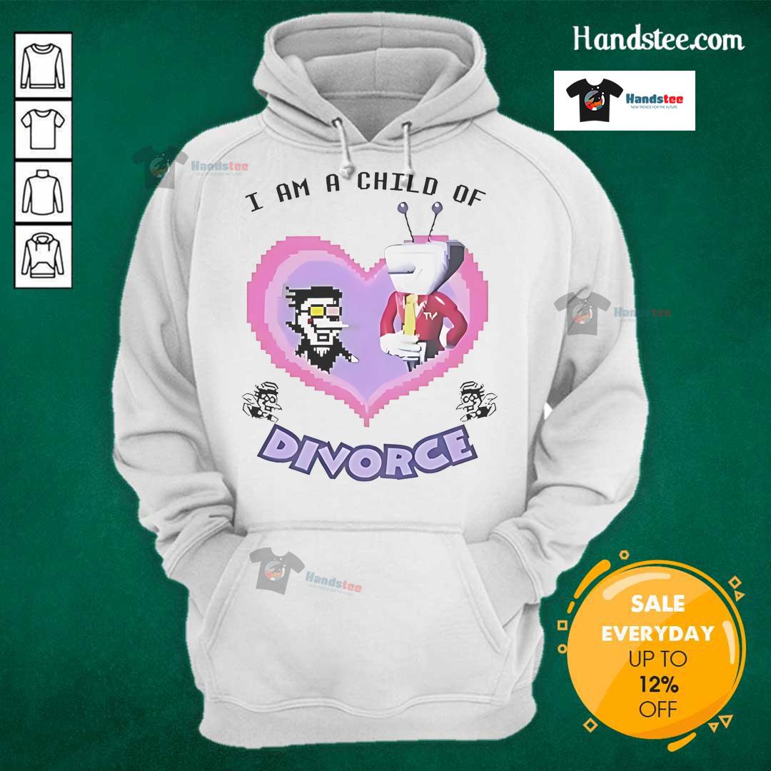 Funny Spamton 'I Am A Child Of Divorce' hoodie design featuring vibrant colors and playful text for unique fashion statement.