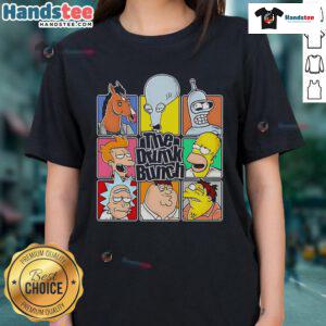 Alt Text: Cartoon ladies having fun in a humorous 'Funny The Drunk Bunch' tee, perfect for casual outings and laughter.
