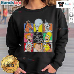 Alt Text: Funny The Drunk Bunch cartoon sweatshirt featuring colorful characters enjoying a humorous party scene.