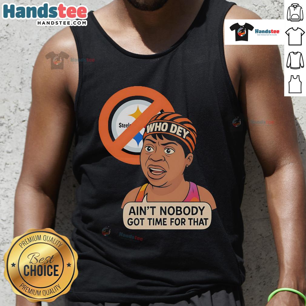Funny 'Who Dey' tank top design, perfect for Bengals fans, showing rivalry with Steelers. Great for game day wear!