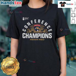 Good Florida Panthers 2025 Eastern Conference Champions local hometown ladies tee featuring vibrant team colors and logo.