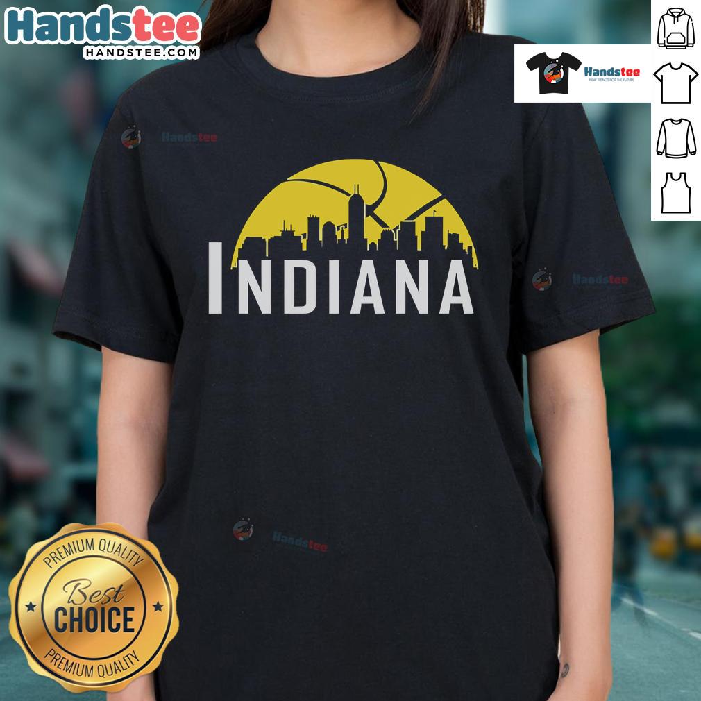 Good Indiana Pacers cityscape skyline style 2025 ladies tee showcasing vibrant team colors and urban design.