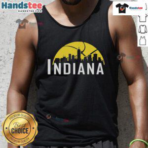 Alt Text: Stylish 2025 Indiana Pacers cityscape skyline tank top showcasing vibrant team colors and urban design.