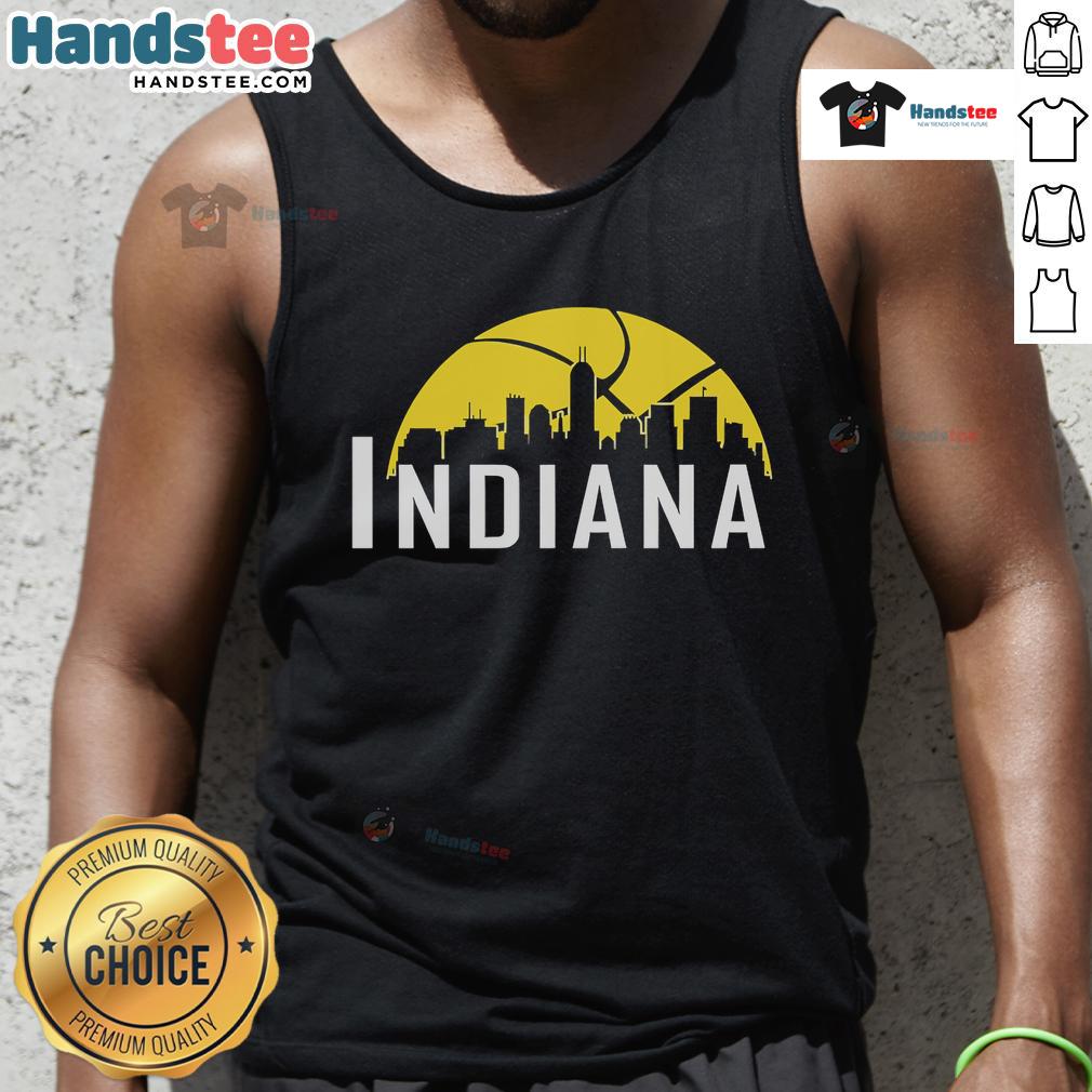 Alt Text: Stylish 2025 Indiana Pacers cityscape skyline tank top showcasing vibrant team colors and urban design.
