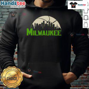 Stylish 2025 Milwaukee Bucks cityscape hoodie showcasing team spirit and urban design for fans.