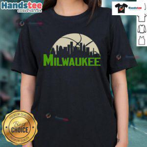 Stylish 2025 Milwaukee Bucks cityscape skyline ladies tee showcasing team spirit and urban fashion.