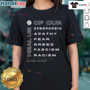Women's tee featuring 'Good Silent Planet' design, promoting healing from xenophobia, apathy, and greed.