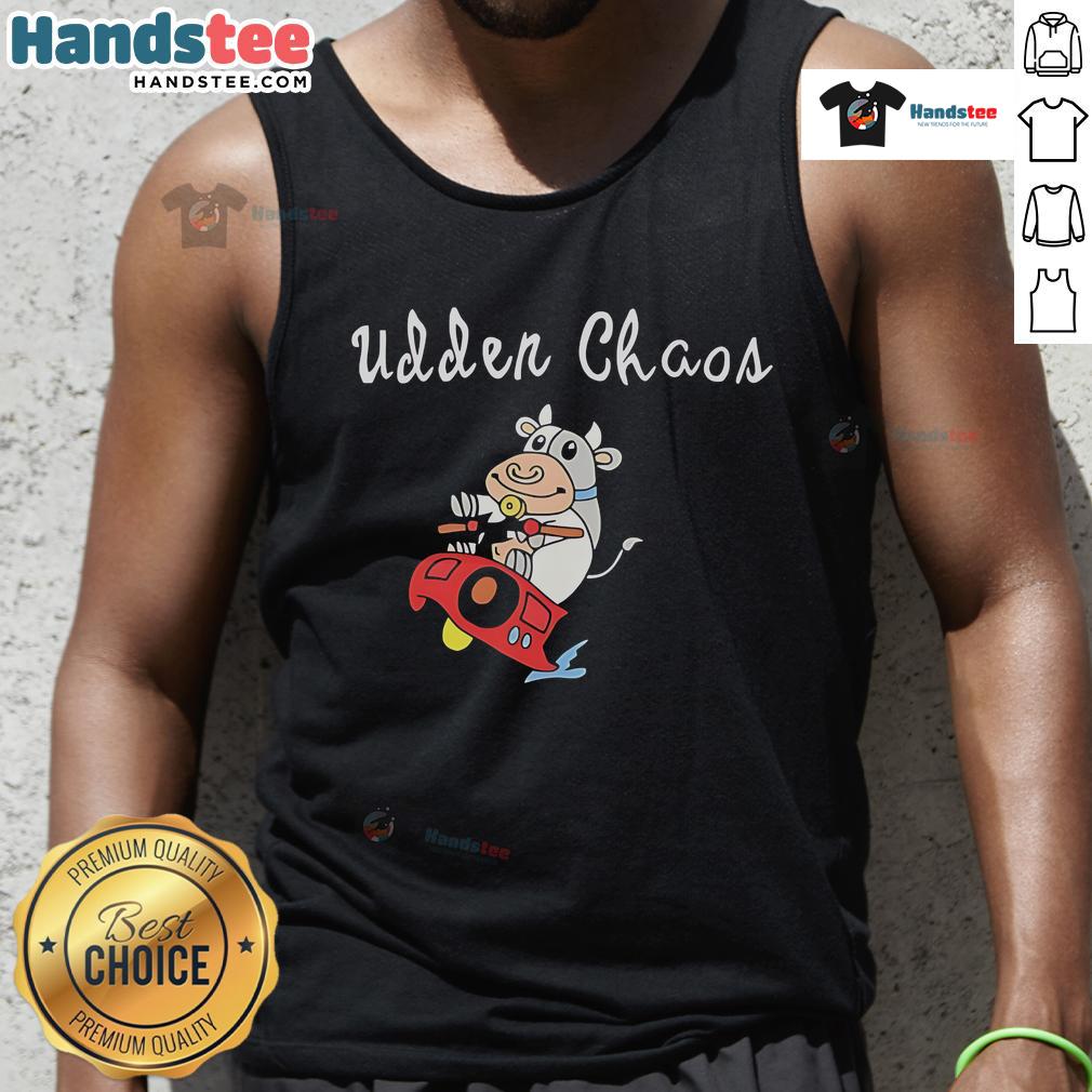 Good Simply Udder Chaos Cow Tank Top featuring a playful cow graphic, perfect for casual summer wear and farm-themed outfits.