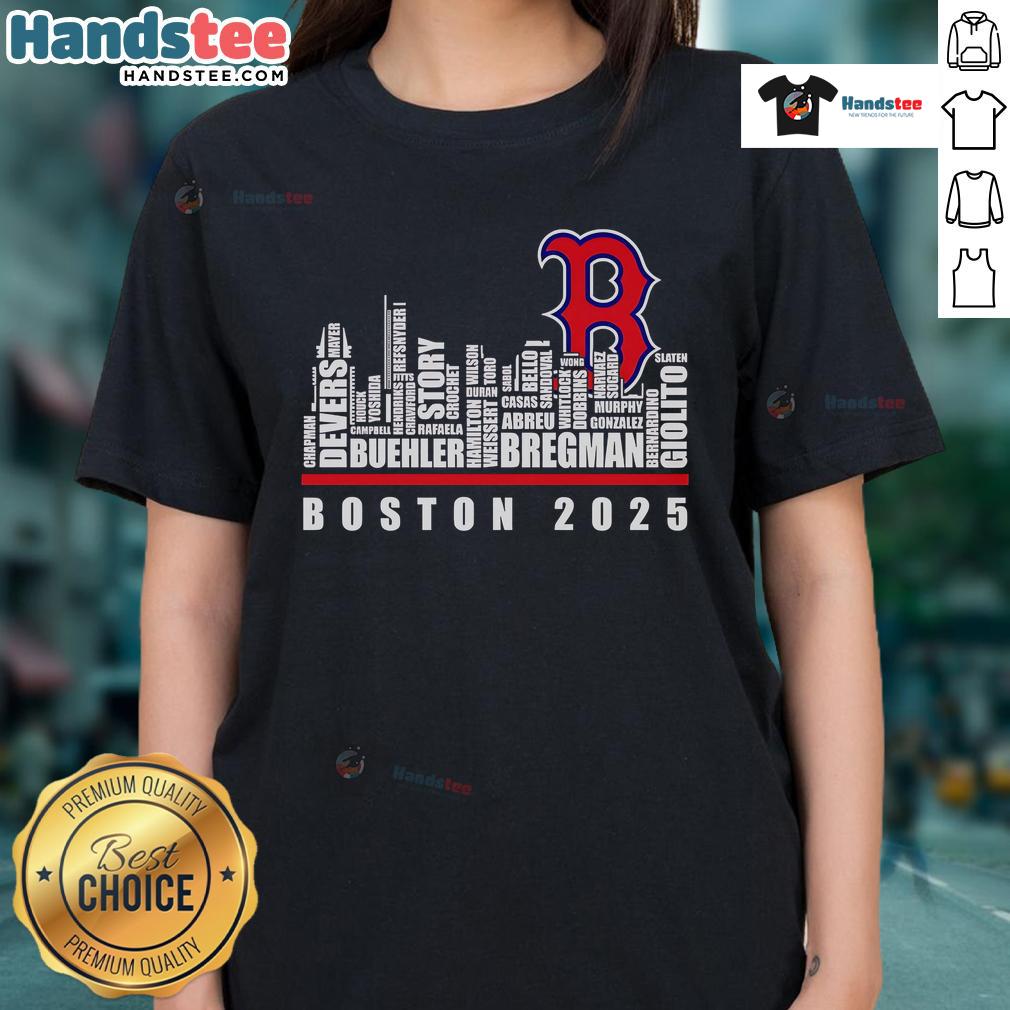 Stylish Boston Red Sox 2025 Ladies Tee featuring a vibrant skyline design, perfect for fans and casual wear.