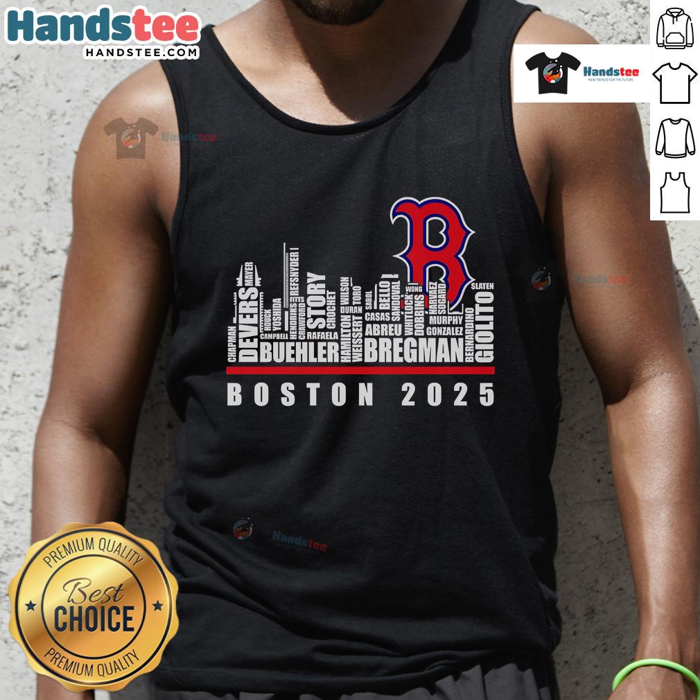Boston Red Sox 2025 tank top featuring a vibrant skyline design, perfect for fans celebrating baseball season.