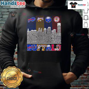 Buffalo skyline hoodie featuring Bills, Bandits, Sabres, and Bisons logos, perfect for sports fans and city pride.